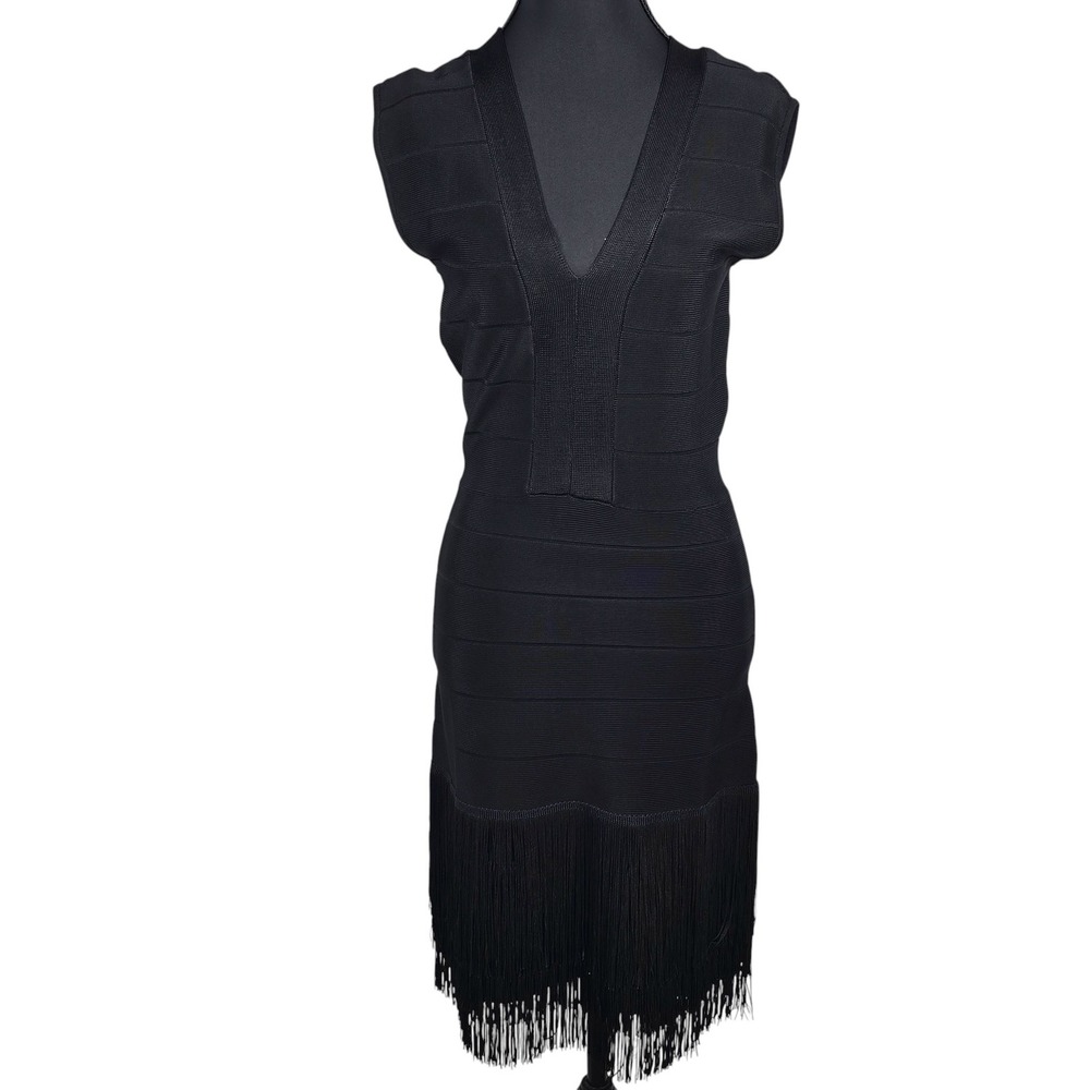 Venus Black Bandage Fringe Mini Dress Woman Size 4 V Neck Sleeveless Cocktail